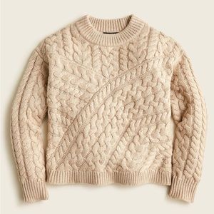 J Crew Curved Cable Knit Sweater medium Beige Crewneck lambs Wool Blend Pullover